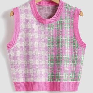 SHEIN | Sweaters | Pink Plaid Vneck Sleeveless Round Neck Sweater Vest Sz M  | Poshmark